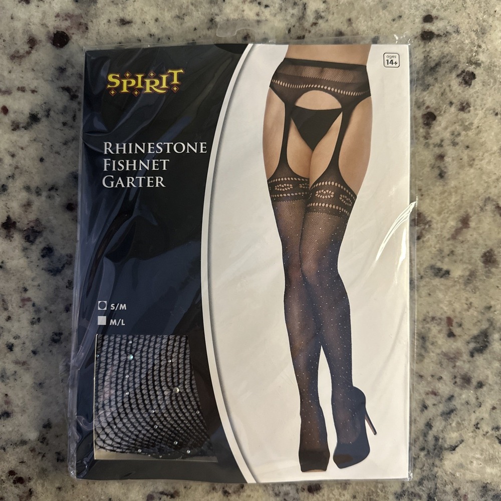 NEW Spirit Rhinestone Fishnet Garter Belt Stockings Size S/M Black Halloween
